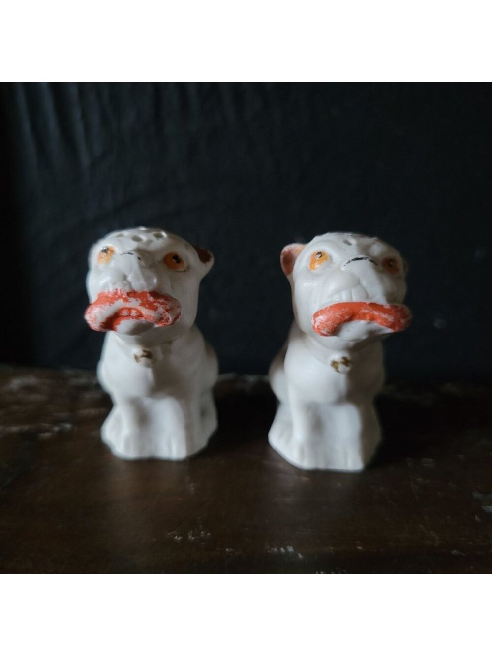 Antique Bisque Porcelain Bulldog Salt and Pepper Shakers With Cork Stoppers